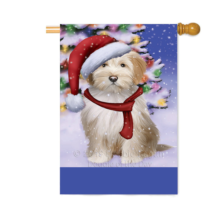 Personalized Winterland Wonderland Tibetan Terrier Dog In Christmas Holiday Scenic Background Custom House Flag FLG-DOTD-A61478