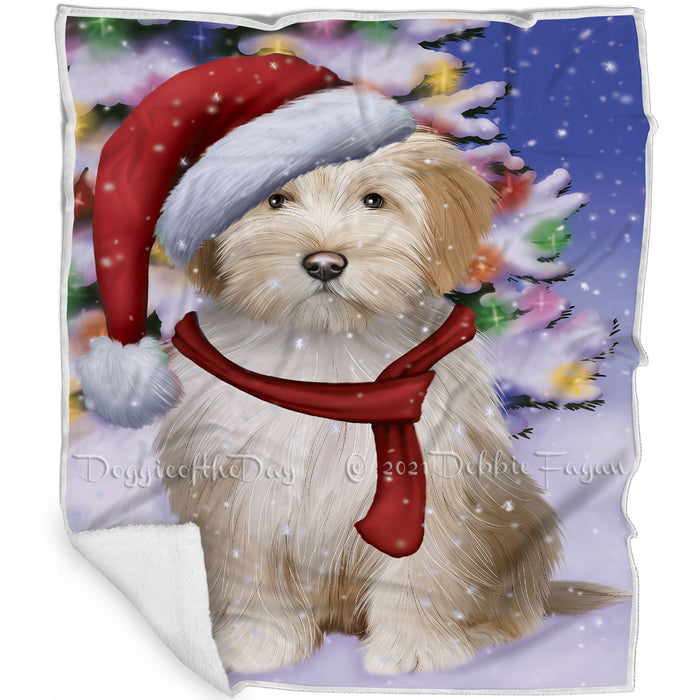 Winterland Wonderland Tibetan Terrier Dog In Christmas Holiday Scenic Background Blanket D208
