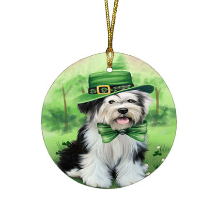 St. Patricks Day Irish Portrait Tibetan Terrier Dog Round Flat Christmas Ornament RFPOR49403