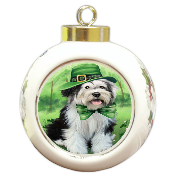 St. Patricks Day Irish Portrait Tibetan Terrier Dog Round Ball Christmas Ornament RBPOR49412