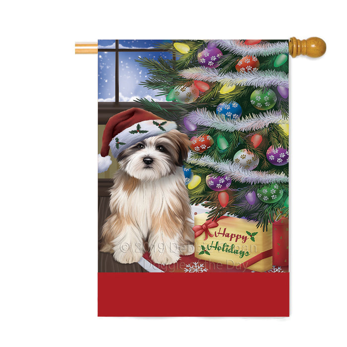 Personalized Christmas Happy Holidays Tibetan Terrier Dog with Tree and Presents Custom House Flag FLG-DOTD-A58729
