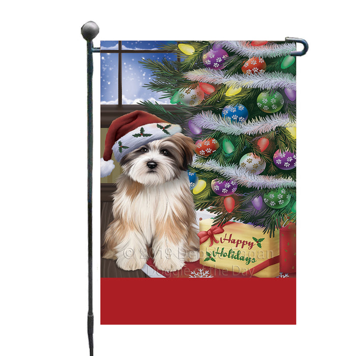 Personalized Christmas Happy Holidays Tibetan Terrier Dog with Tree and Presents Custom Garden Flags GFLG-DOTD-A58673