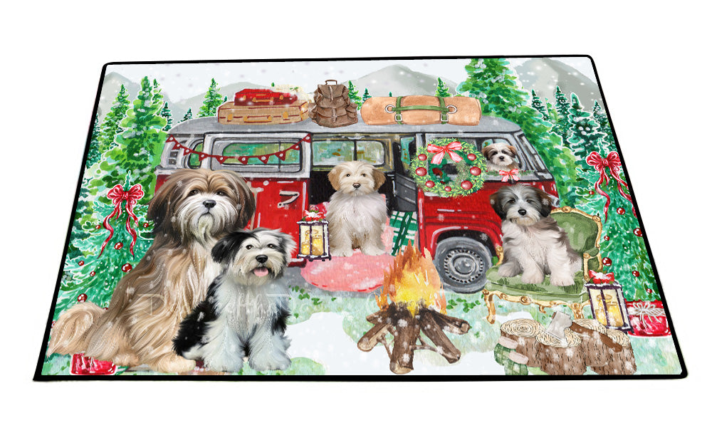 Christmas Time Camping with Tibetan Terrier Dogs Floor Mat- Anti-Slip Pet Door Mat Indoor Outdoor Front Rug Mats for Home Outside Entrance Pets Portrait Unique Rug Washable Premium Quality Mat