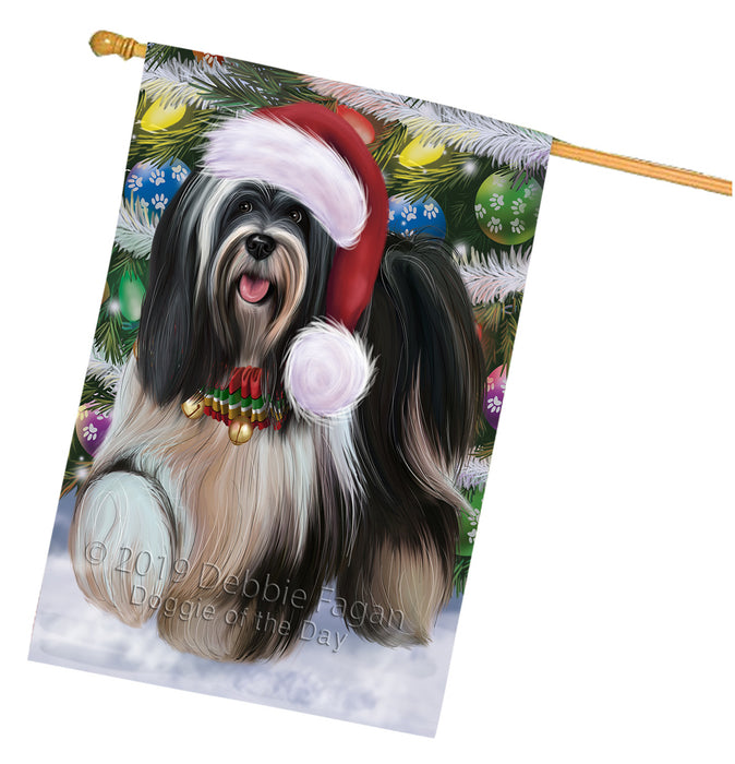 Chistmas Trotting in the Snow Tibetan Terrier Dog House Flag Outdoor Decorative Double Sided Pet Portrait Weather Resistant Premium Quality Animal Printed Home Decorative Flags 100% Polyester FLG69673