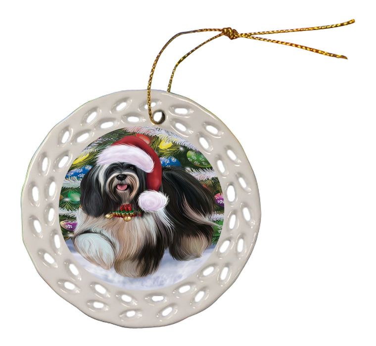 Chistmas Trotting in the Snow Tibetan Terrier Dog Doily Ornament DPOR59171