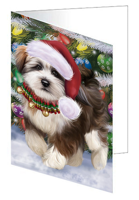 Chistmas Trotting in the Snow Tibetan Terrier Dog Handmade Artwork Assorted Pets Greeting Cards and Note Cards with Envelopes for All Occasions and Holiday Seasons