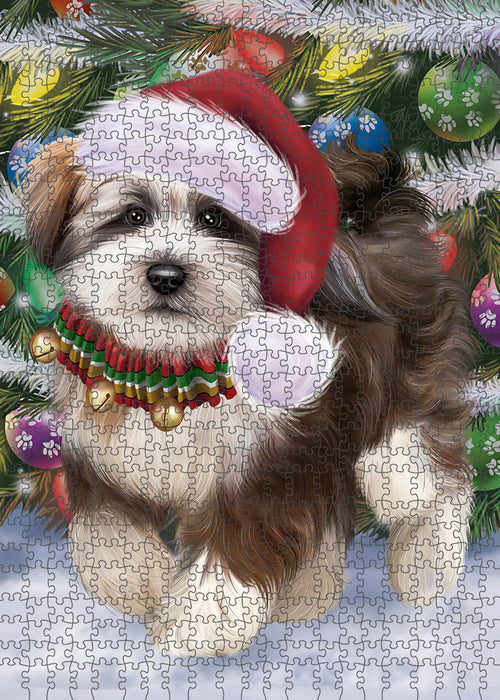 Chistmas Trotting in the Snow Tibetan Terrier Dog Portrait Jigsaw Puzzle for Adults Animal Interlocking Puzzle Game Unique Gift for Dog Lover's with Metal Tin Box PZL984