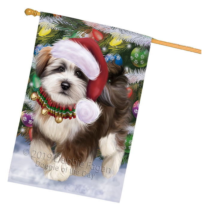 Chistmas Trotting in the Snow Tibetan Terrier Dog House Flag Outdoor Decorative Double Sided Pet Portrait Weather Resistant Premium Quality Animal Printed Home Decorative Flags 100% Polyester FLG69674