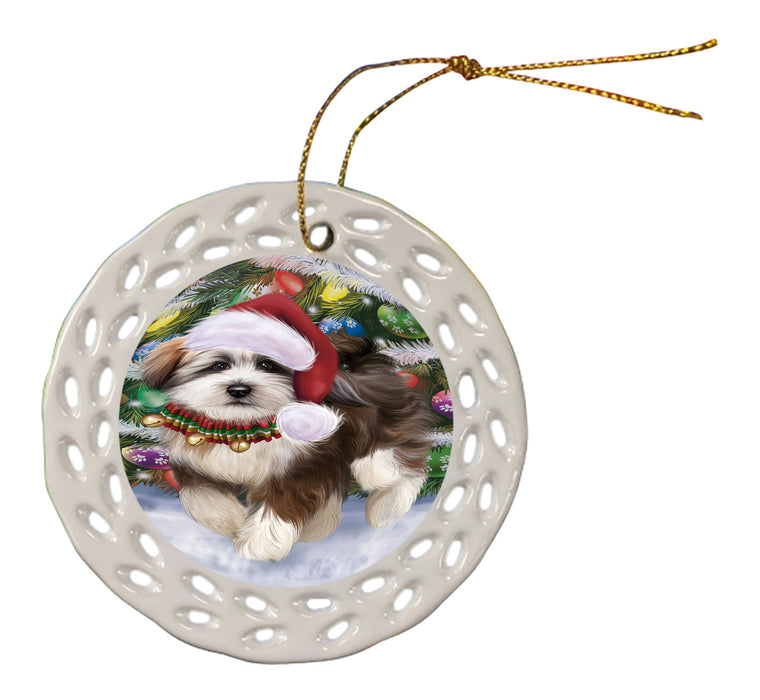 Chistmas Trotting in the Snow Tibetan Terrier Dog Doily Ornament DPOR59172