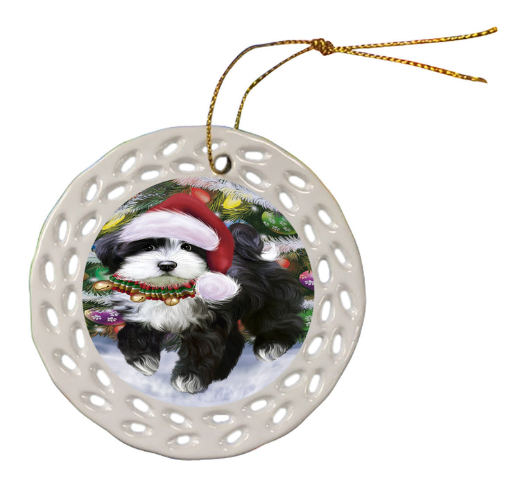 Chistmas Trotting in the Snow Tibetan Terrier Dog Doily Ornament DPOR59173