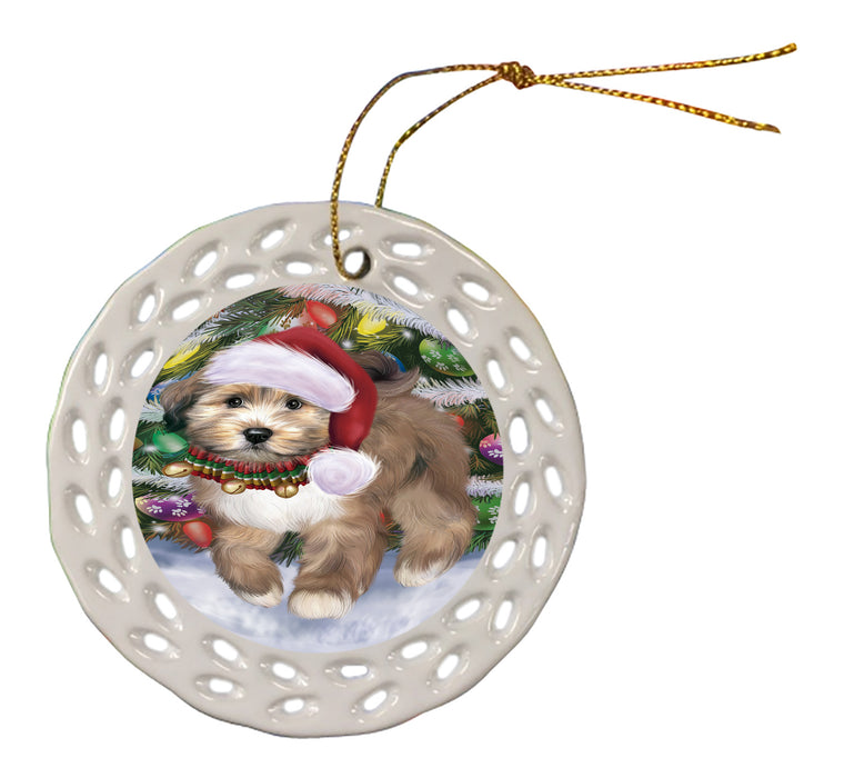 Chistmas Trotting in the Snow Tibetan Terrier Dog Doily Ornament DPOR59174
