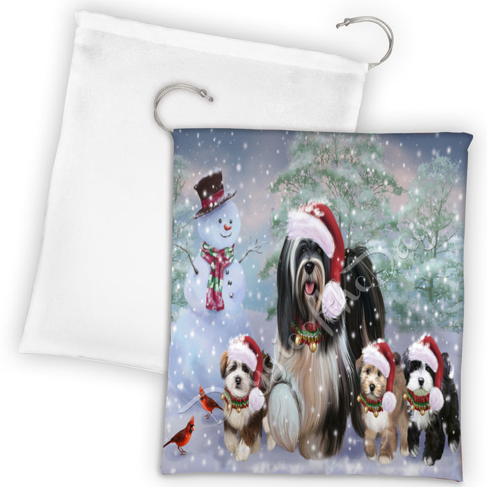 Christmas Running Fammily Tibetan Terrier Dogs Drawstring Laundry or Gift Bag LGB48256