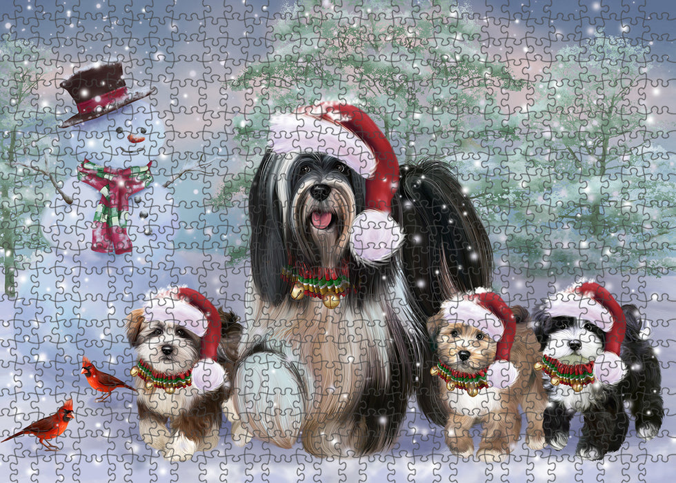 Christmas Running Family Tibetan Terrier Dogs Portrait Jigsaw Puzzle for Adults Animal Interlocking Puzzle Game Unique Gift for Dog Lover's with Metal Tin Box