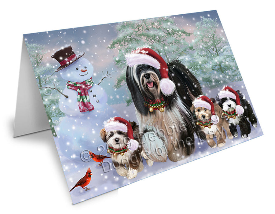 Christmas Running Family Tibetan Terrier Dogs Handmade Artwork Assorted Pets Greeting Cards and Note Cards with Envelopes for All Occasions and Holiday Seasons