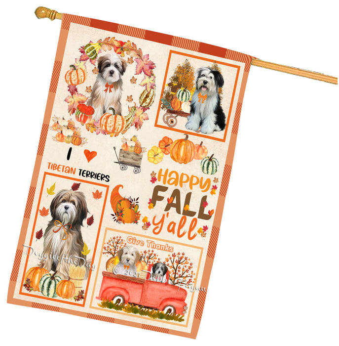 Happy Fall Y'all Pumpkin Tibetan Terrier Dogs House Flag Outdoor Decorative Double Sided Pet Portrait Weather Resistant Premium Quality Animal Printed Home Decorative Flags 100% Polyester