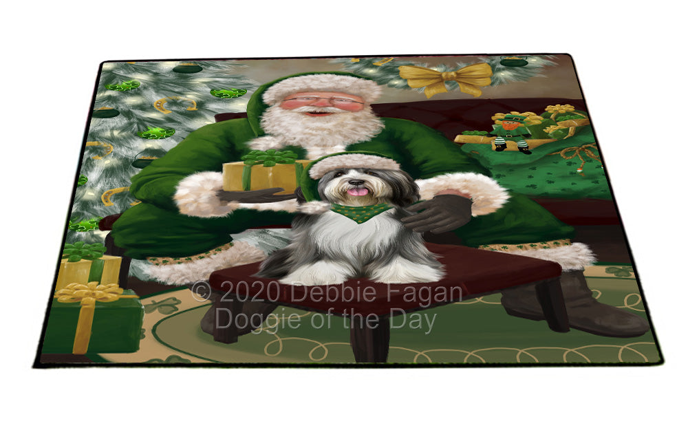 Christmas Irish Santa with Gift and Tibetan Terrier Dog Indoor/Outdoor Welcome Floormat - Premium Quality Washable Anti-Slip Doormat Rug FLMS57301