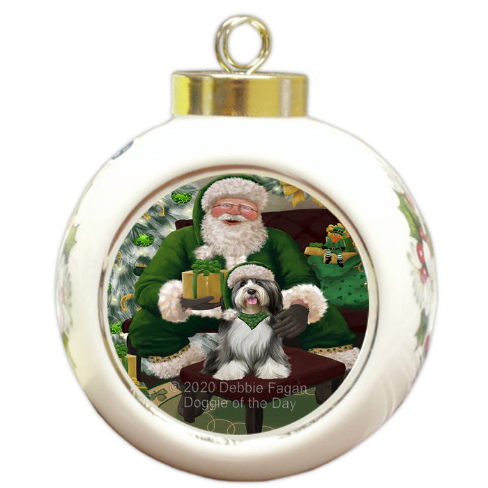 Christmas Irish Santa with Gift and Tibetan Terrier Dog Round Ball Christmas Ornament RBPOR57976