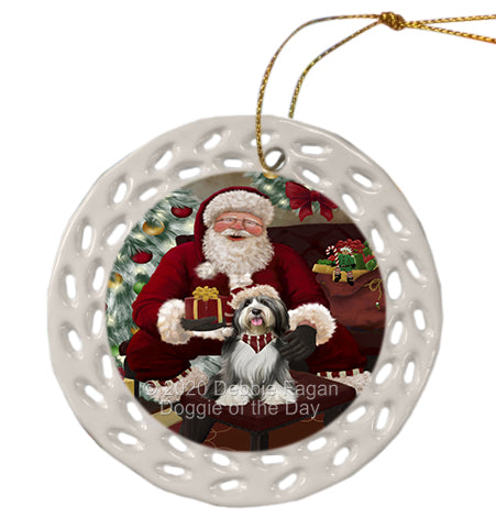 Santa's Christmas Surprise Tibetan Terrier Dog Doily Ornament DPOR59636
