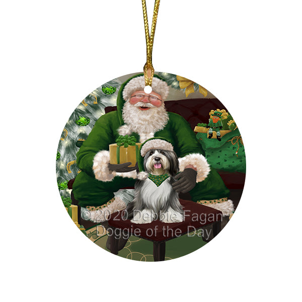 Christmas Irish Santa with Gift and Tibetan Terrier Dog Round Flat Christmas Ornament RFPOR57976