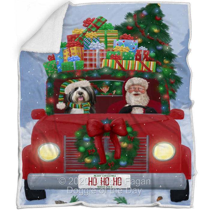 Christmas Honk Honk Red Truck Here Comes with Santa and Tibetan Terrier Dog Blanket BLNKT141098