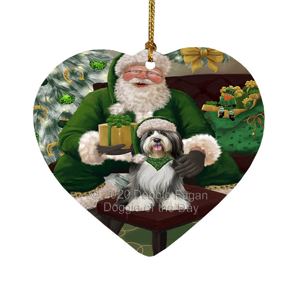 Christmas Irish Santa with Gift and Tibetan Terrier Dog Heart Christmas Ornament RFPOR58318