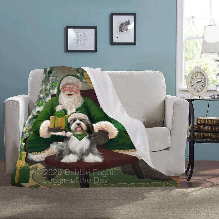 Christmas Irish Santa with Gift and Tibetan Terrier Dog Blanket BLNKT141588