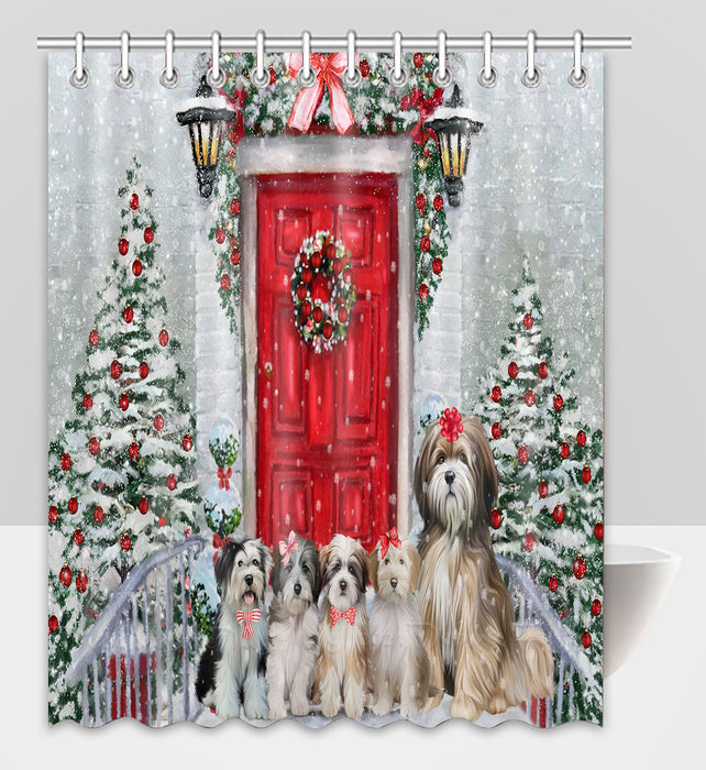 Christmas Holiday Welcome Tibetan Terrier Dogs Shower Curtain Pet Painting Bathtub Curtain Waterproof Polyester One-Side Printing Decor Bath Tub Curtain for Bathroom with Hooks