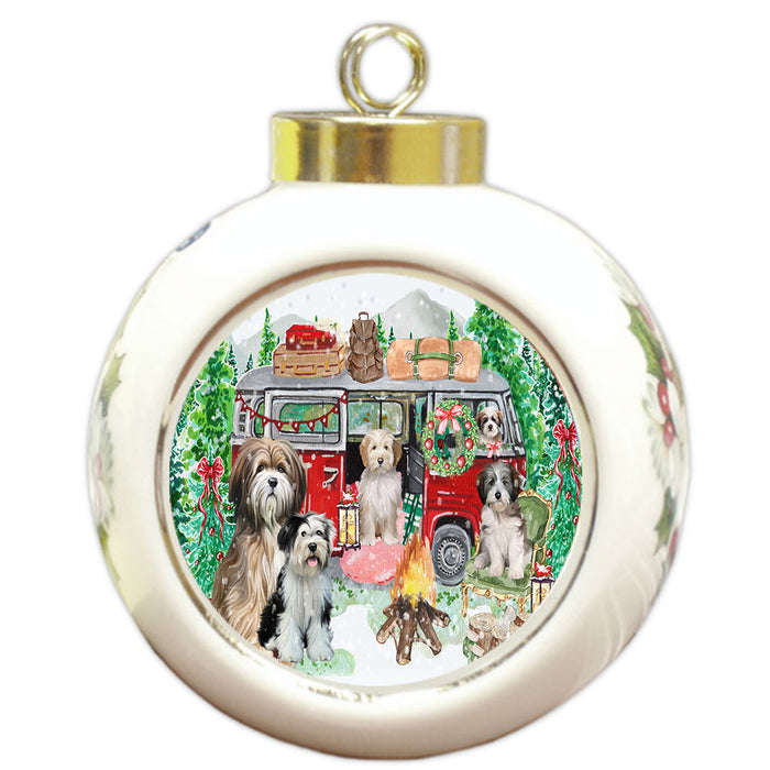 Christmas Time Camping with Tibetan Terrier Dogs Round Ball Christmas Ornament Pet Decorative Hanging Ornaments for Christmas X-mas Tree Decorations - 3" Round Ceramic Ornament
