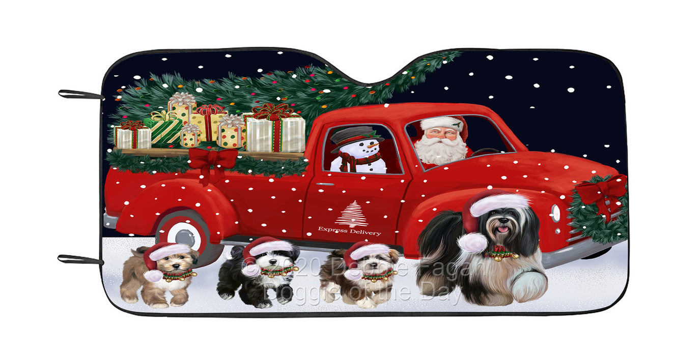 Christmas Express Delivery Red Truck Running Tibetan Terrier Dog Car Sun Shade Cover Curtain