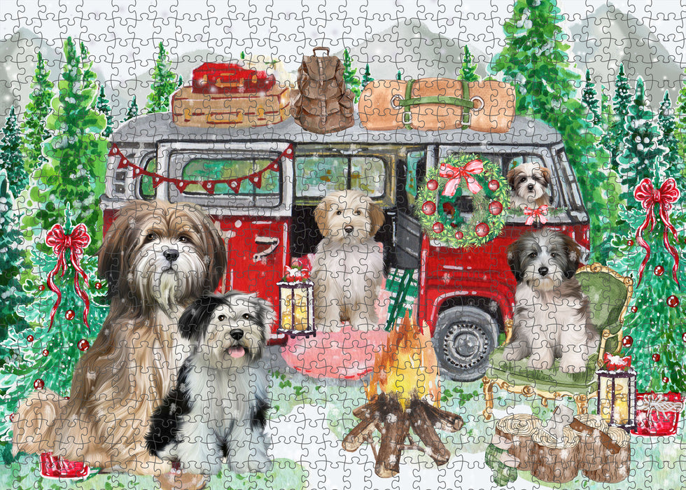 Christmas Time Camping with Tibetan Terrier Dogs Portrait Jigsaw Puzzle for Adults Animal Interlocking Puzzle Game Unique Gift for Dog Lover's with Metal Tin Box