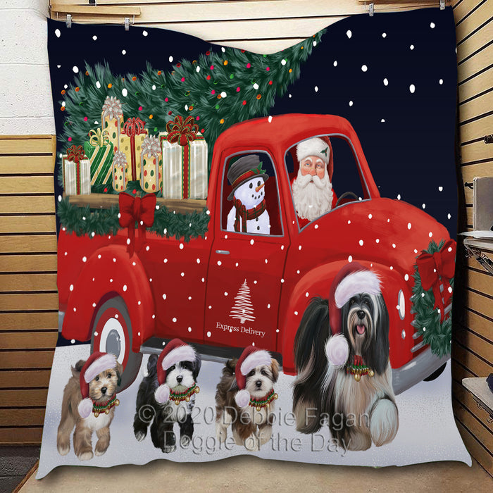 Christmas Express Delivery Red Truck Running Tibetan Terrier Dogs Lightweight Soft Bedspread Coverlet Bedding Quilt QUILT60086