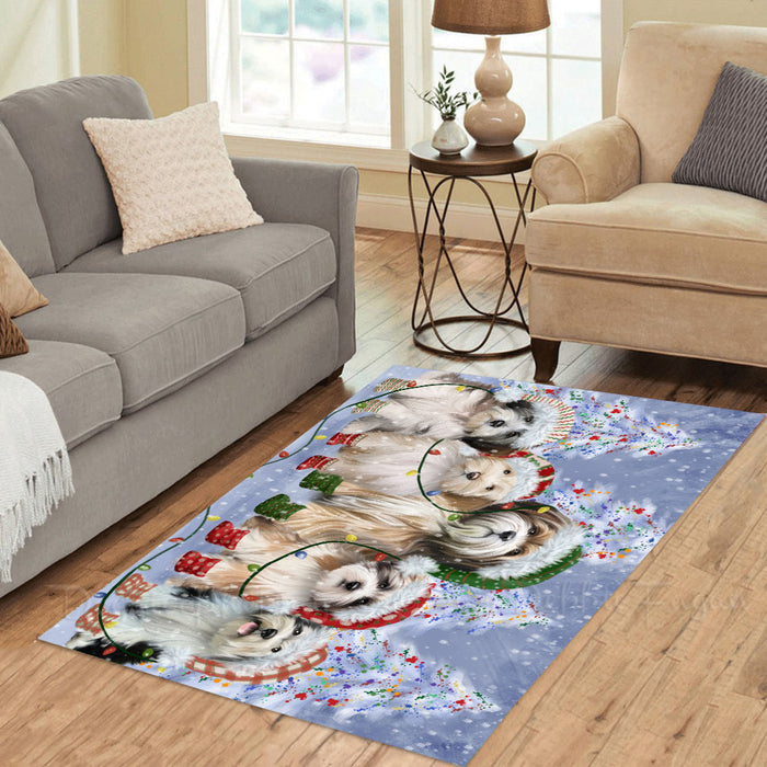 Christmas Lights and Tibetan Terrier Dogs Area Rug - Ultra Soft Cute Pet Printed Unique Style Floor Living Room Carpet Decorative Rug for Indoor Gift for Pet Lovers