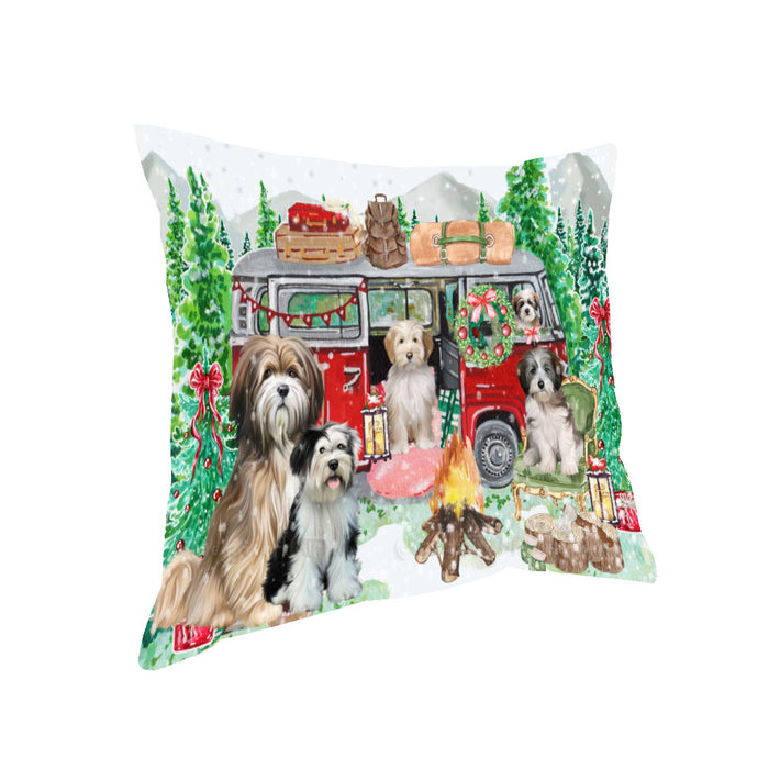 Christmas Time Camping with Tibetan Terrier Dogs Pillow with Top Quality High-Resolution Images - Ultra Soft Pet Pillows for Sleeping - Reversible & Comfort - Ideal Gift for Dog Lover - Cushion for Sofa Couch Bed - 100% Polyester