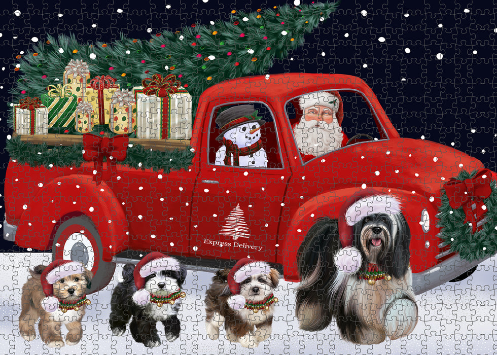 Christmas Express Delivery Red Truck Running Tibetan Terrier Dogs Puzzle with Photo Tin PUZL99840