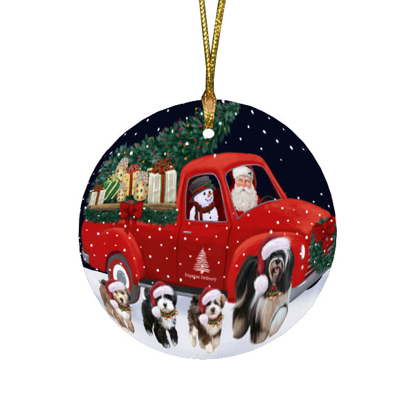 Christmas Express Delivery Red Truck Running Tibetan Terrier Dogs Round Flat Christmas Ornament RFPOR57785