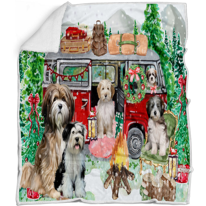 Christmas Time Camping with Tibetan Terrier Dogs Blanket - Lightweight Soft Cozy and Durable Bed Blanket - Animal Theme Fuzzy Blanket for Sofa Couch