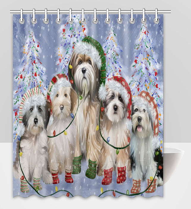 Christmas Lights and Tibetan Terrier Dogs Shower Curtain Pet Painting Bathtub Curtain Waterproof Polyester One-Side Printing Decor Bath Tub Curtain for Bathroom with Hooks