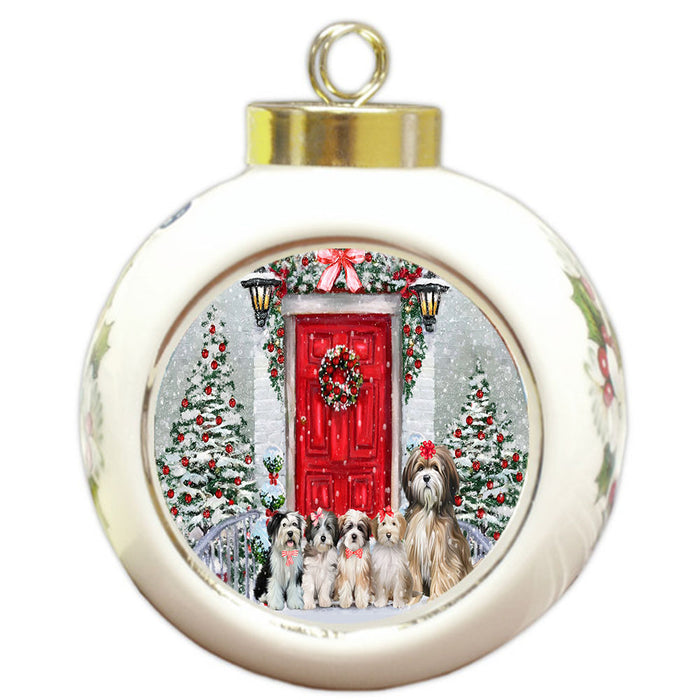 Christmas Holiday Welcome Tibetan Terrier Dogs Round Ball Christmas Ornament Pet Decorative Hanging Ornaments for Christmas X-mas Tree Decorations - 3" Round Ceramic Ornament