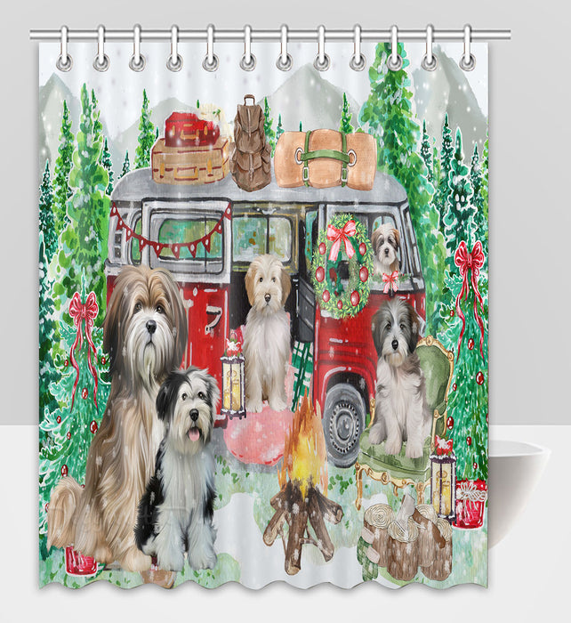 Christmas Time Camping with Tibetan Terrier Dogs Shower Curtain Pet Painting Bathtub Curtain Waterproof Polyester One-Side Printing Decor Bath Tub Curtain for Bathroom with Hooks