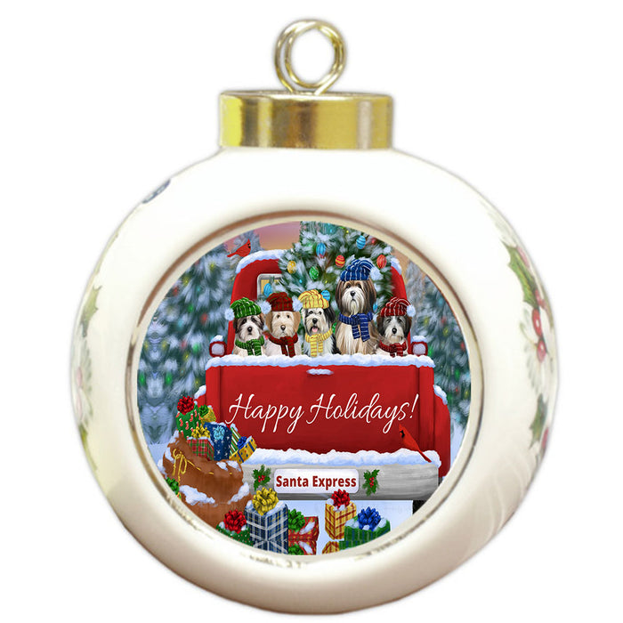 Christmas Red Truck Travlin Home for the Holidays Tibetan Terrier Dogs Round Ball Christmas Ornament Pet Decorative Hanging Ornaments for Christmas X-mas Tree Decorations - 3" Round Ceramic Ornament