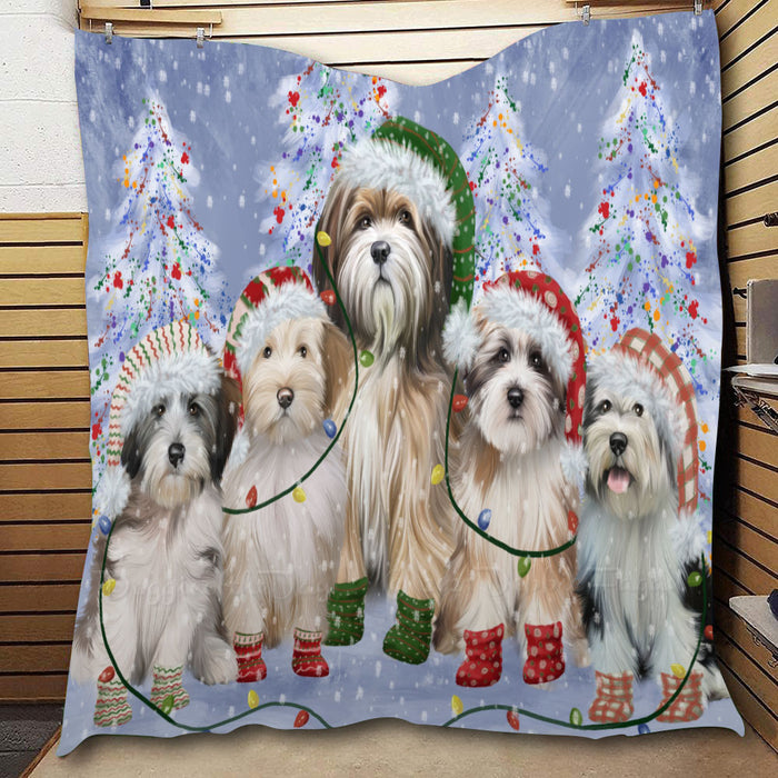 Christmas Lights and Tibetan Terrier Dogs  Quilt Bed Coverlet Bedspread - Pets Comforter Unique One-side Animal Printing - Soft Lightweight Durable Washable Polyester Quilt