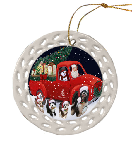 Christmas Express Delivery Red Truck Running Tibetan Terrier Dog Doily Ornament DPOR59304
