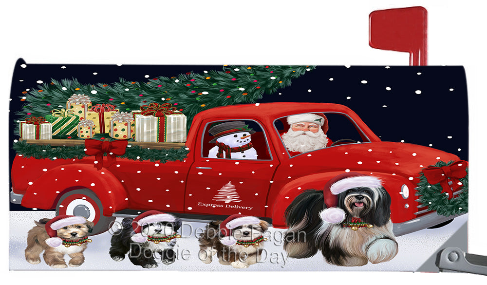 Christmas Express Delivery Red Truck Running Tibetan Terrier Dog Magnetic Mailbox Cover Both Sides Pet Theme Printed Decorative Letter Box Wrap Case Postbox Thick Magnetic Vinyl Material