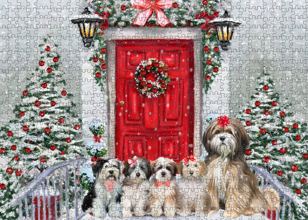 Christmas Holiday Welcome Tibetan Terrier Dogs Portrait Jigsaw Puzzle for Adults Animal Interlocking Puzzle Game Unique Gift for Dog Lover's with Metal Tin Box