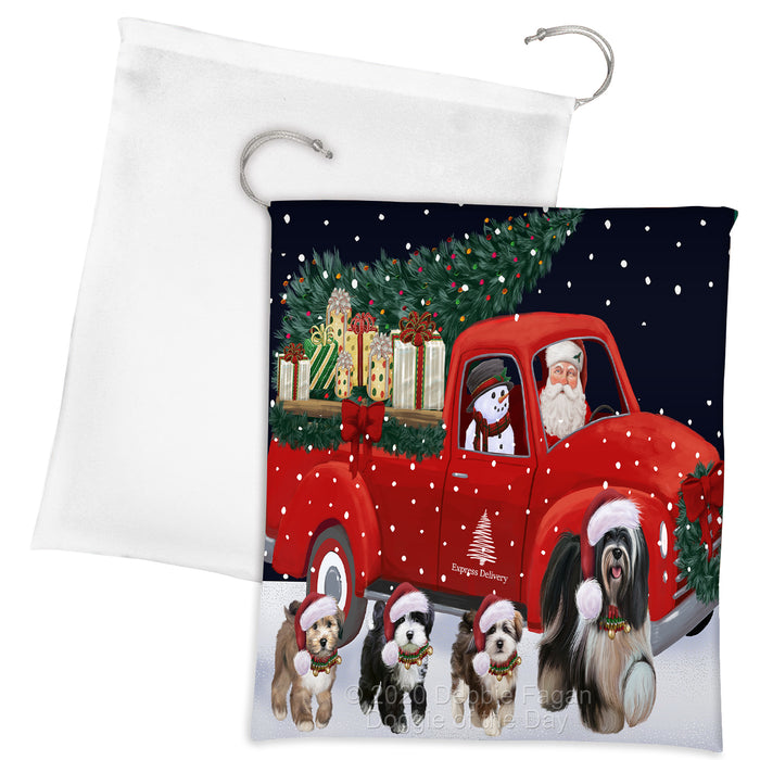 Christmas Express Delivery Red Truck Running Tibetan Terrier Dogs Drawstring Laundry or Gift Bag LGB48937