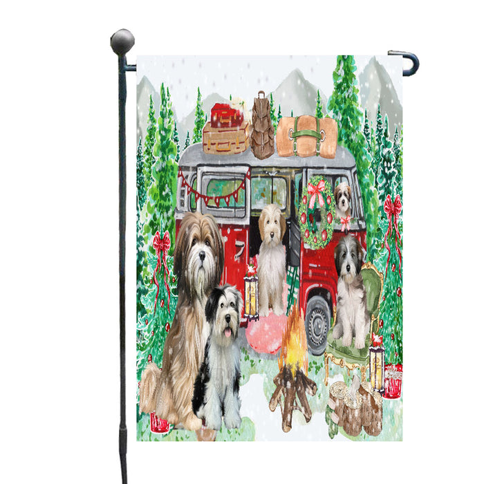 Christmas Time Camping with Tibetan Terrier Dogs Garden Flags- Outdoor Double Sided Garden Yard Porch Lawn Spring Decorative Vertical Home Flags 12 1/2"w x 18"h