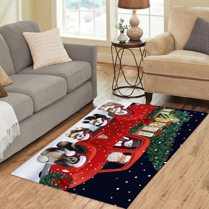 Christmas Express Delivery Red Truck Running Tibetan Terrier Dogs Polyester Area Rug ARUG63156