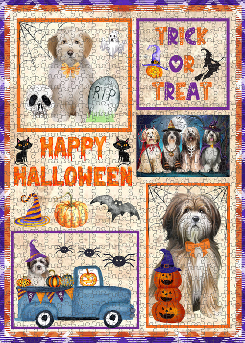 Happy Halloween Trick or Treat Tibetan Terrier Dogs Portrait Jigsaw Puzzle for Adults Animal Interlocking Puzzle Game Unique Gift for Dog Lover's with Metal Tin Box