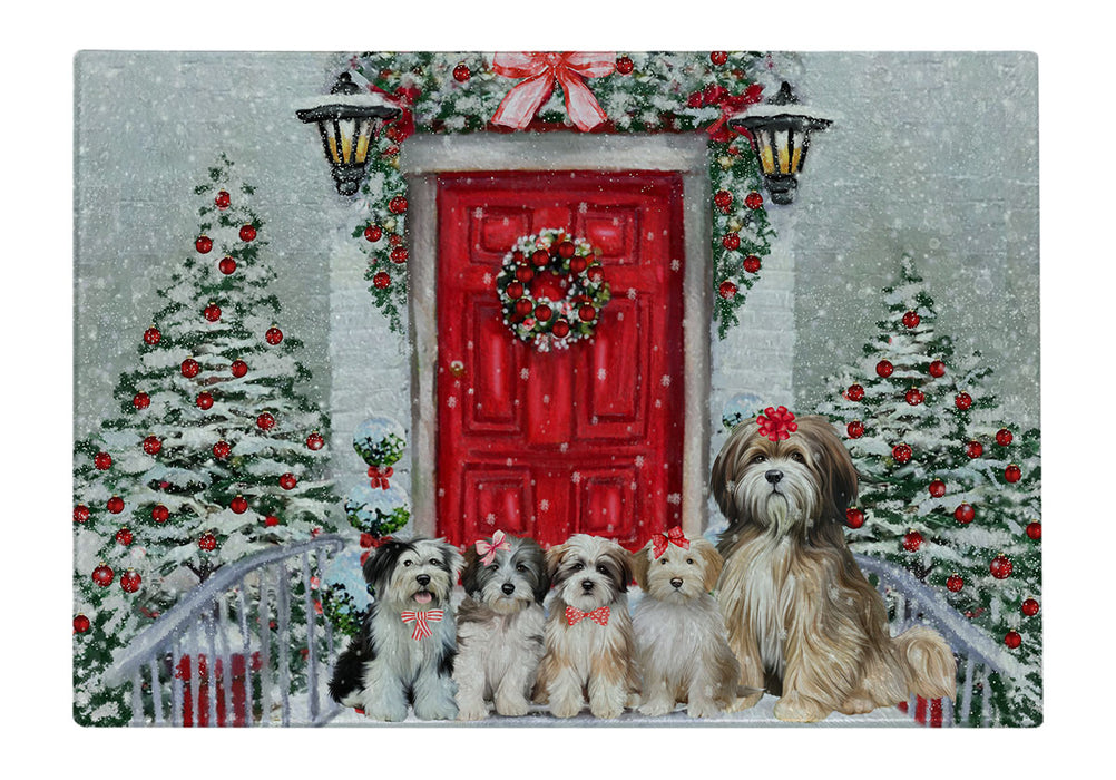 Christmas Holiday Welcome Tibetan Terrier Dogs Cutting Board - For Kitchen - Scratch & Stain Resistant - Designed To Stay In Place - Easy To Clean By Hand - Perfect for Chopping Meats, Vegetables