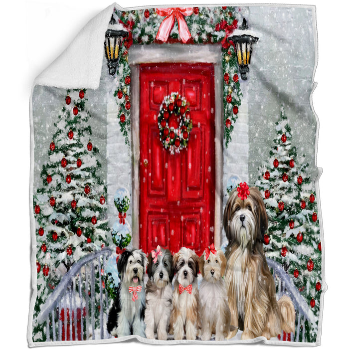 Christmas Holiday Welcome Tibetan Terrier Dogs Blanket - Lightweight Soft Cozy and Durable Bed Blanket - Animal Theme Fuzzy Blanket for Sofa Couch